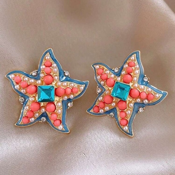 Tropical Starfish, Faux Pearl & Rice Bead Stud, Multi Color, Vacation Earrings - Picture 2 of 4